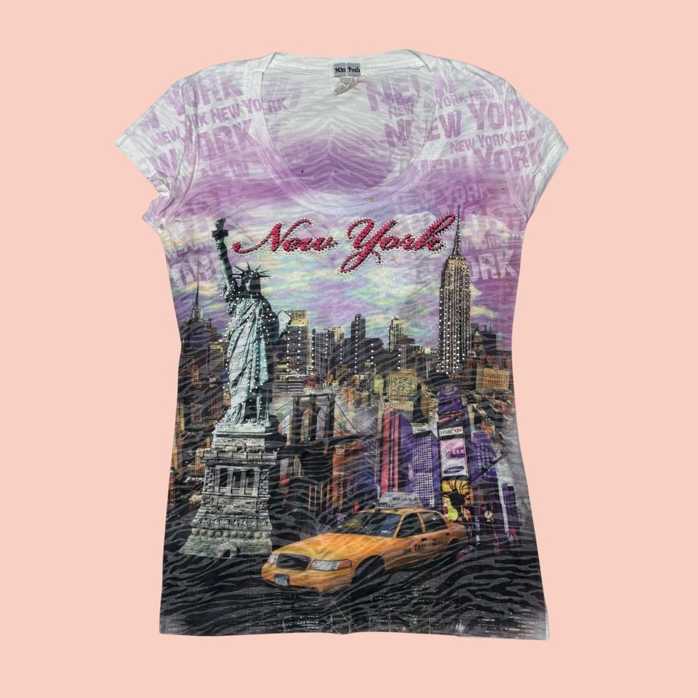Miss Posh New York City Graphic Tee Rhinestone Y2K McBling Purple Zebra Print